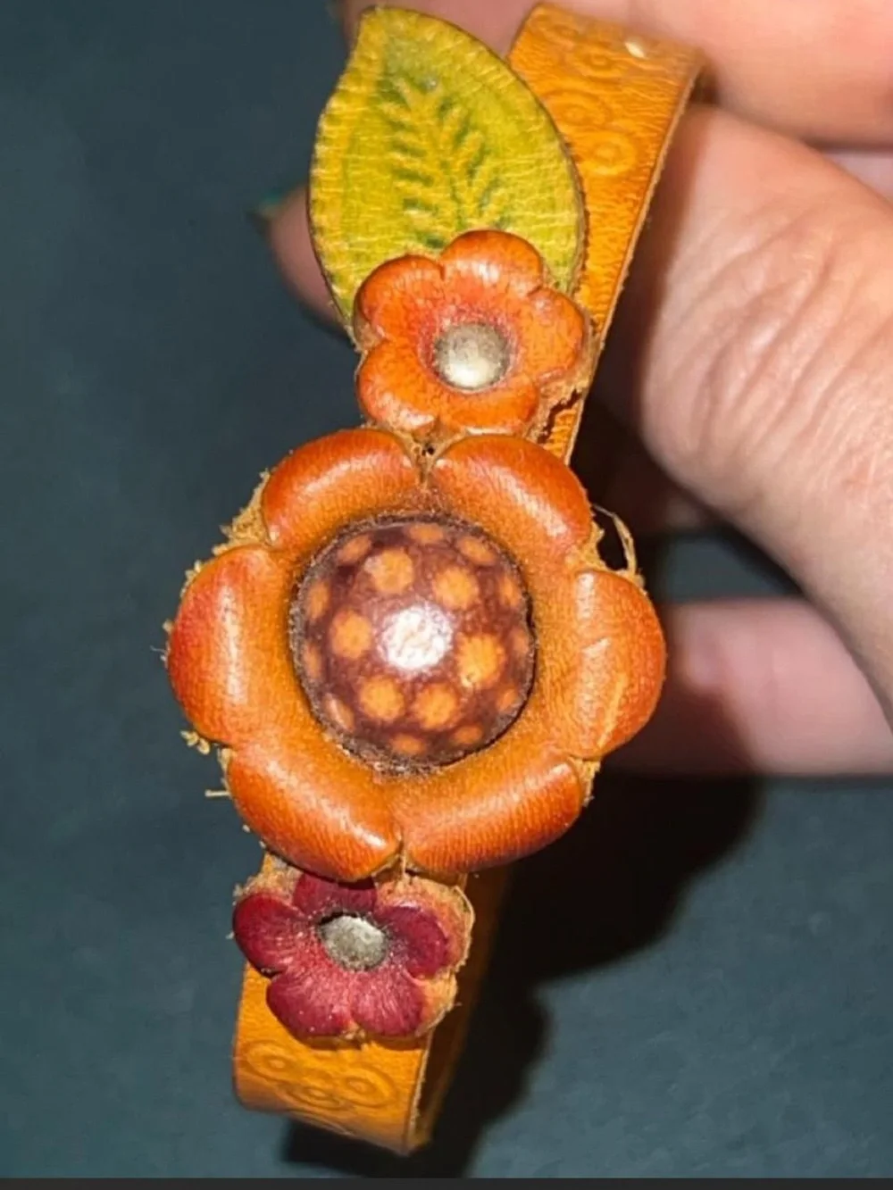 Vintage Handmade Leather Floral Snap Bracelet - Orange, Red, Green